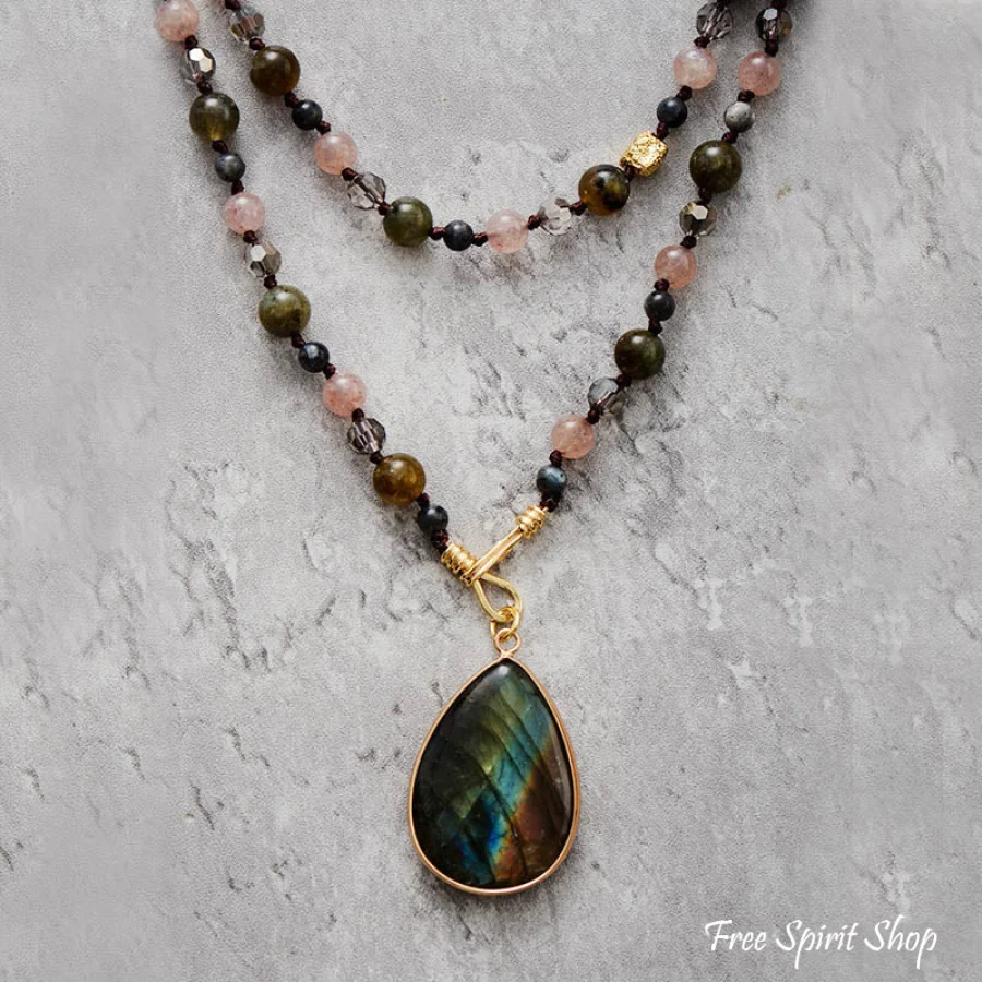 Natural Labradorite & Strawberry Quartz Beaded Necklace - Image 3