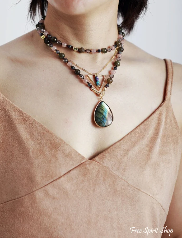 Natural Labradorite & Strawberry Quartz Beaded Necklace - Image 4