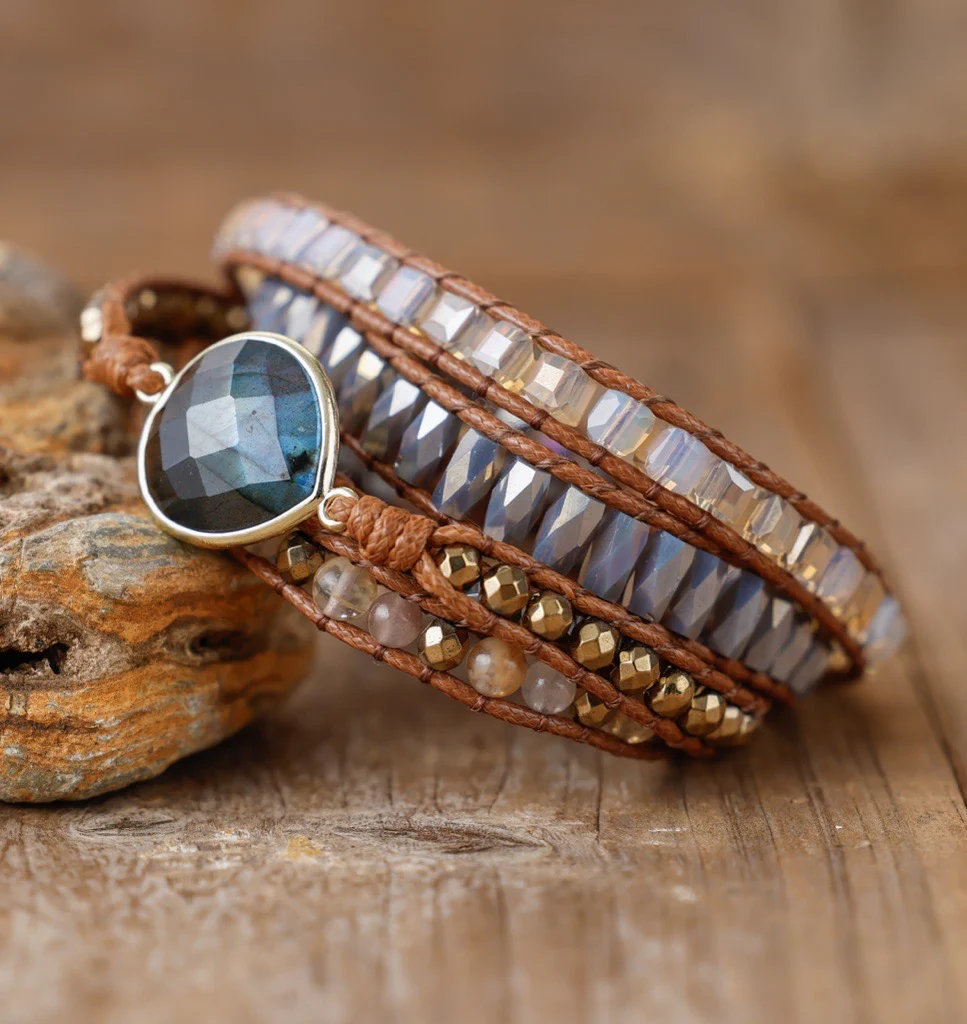 Natural Labradorite Strawberry Agate & Citrine Wrap Bracelet - Image 4