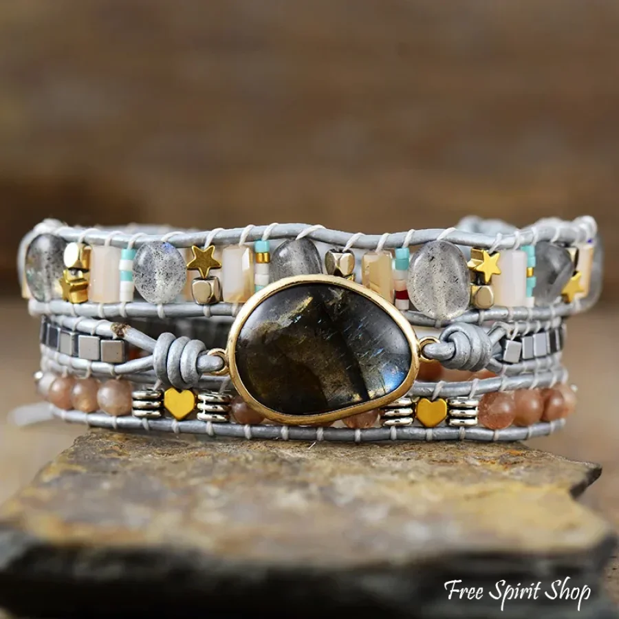 Natural Labradorite & Strawberry Quartz Silver Wrap