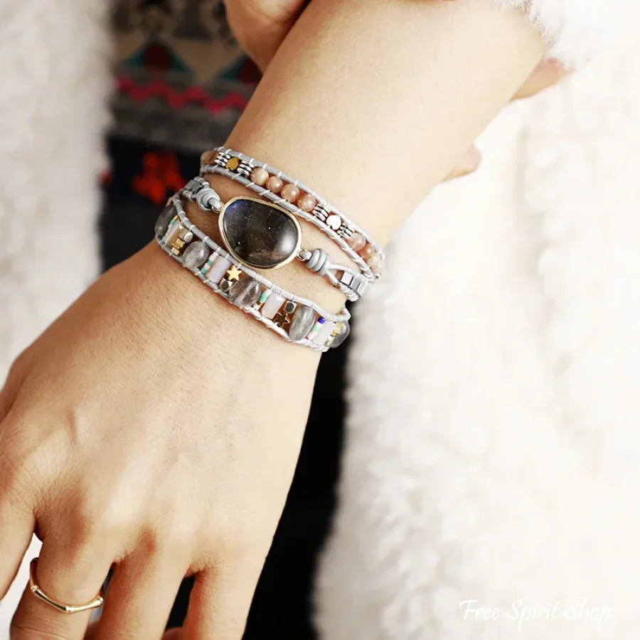 Natural Labradorite & Strawberry Quartz Silver Wrap - Image 2