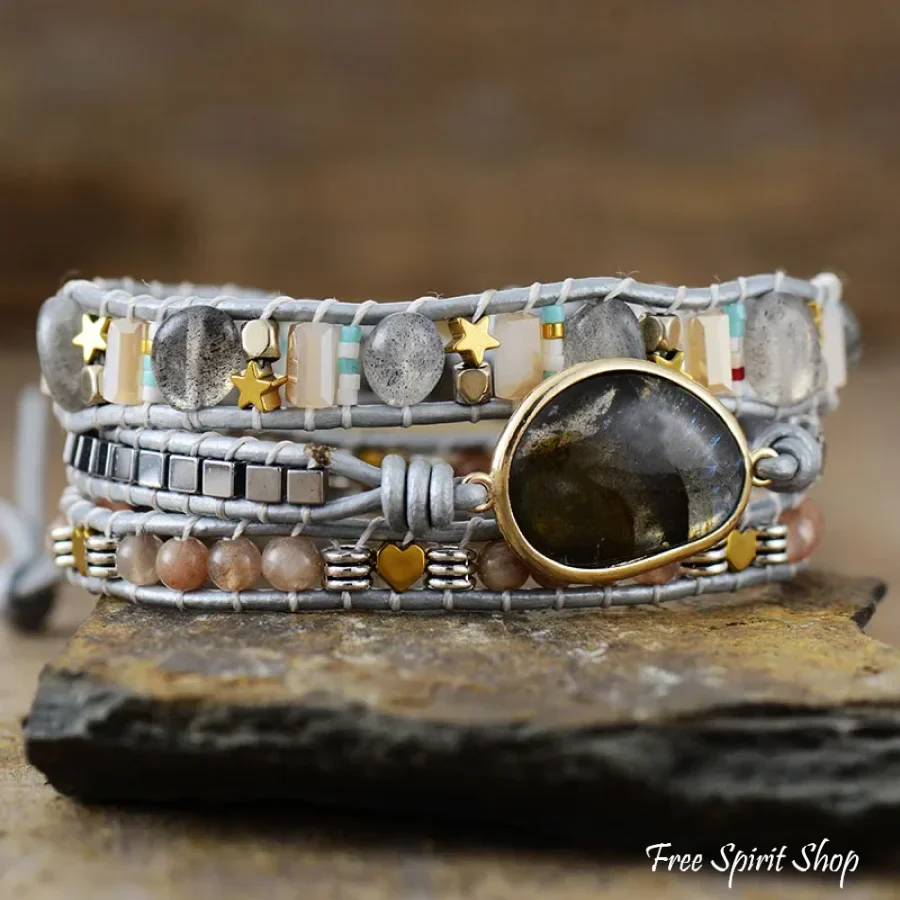 Natural Labradorite & Strawberry Quartz Silver Wrap - Image 3