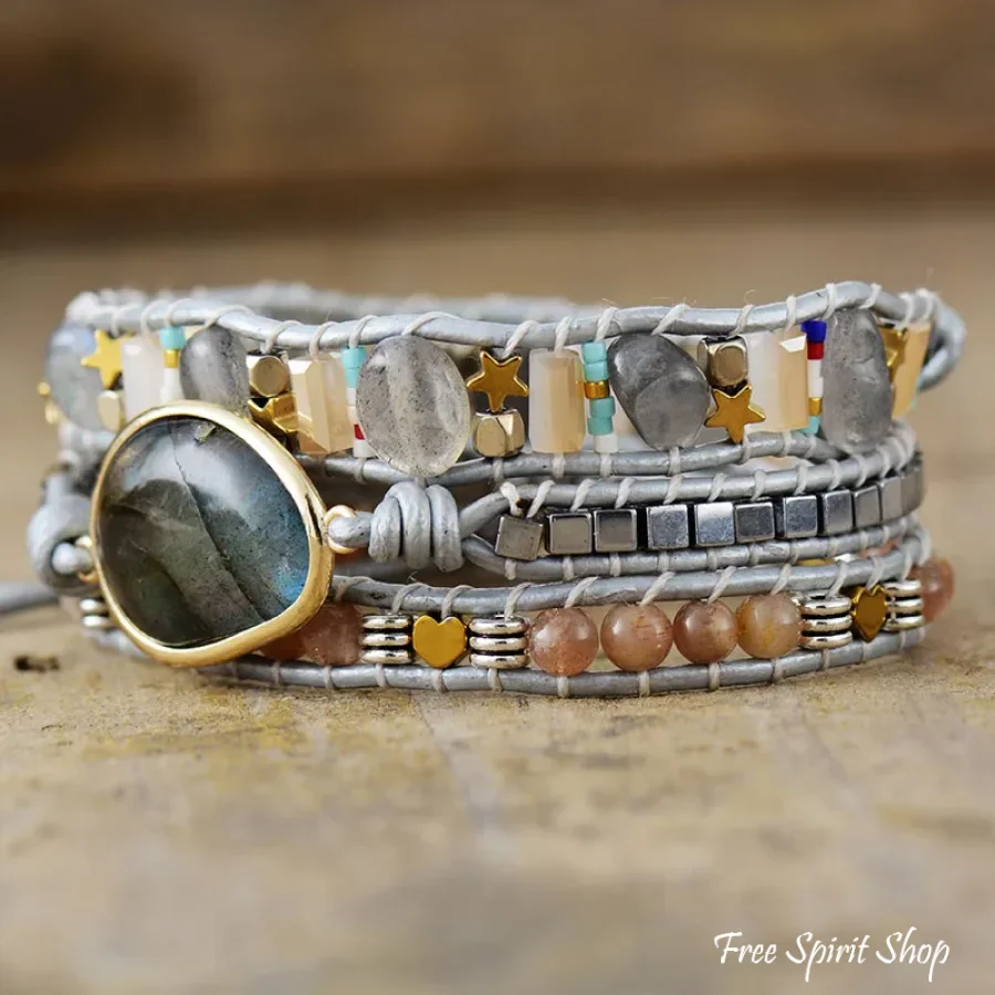 Natural Labradorite & Strawberry Quartz Silver Wrap - Image 4