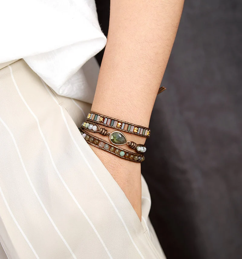 Natural Labradorite Teardrop Bronze Wrap Bracelet - Image 2