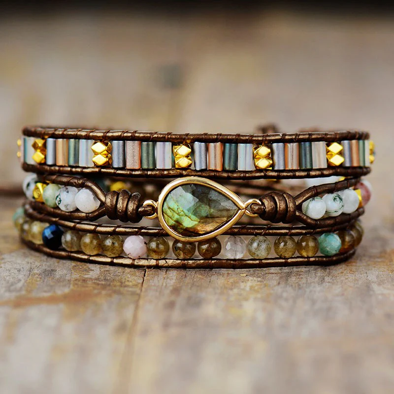 Natural Labradorite Teardrop Bronze Wrap Bracelet - Image 3