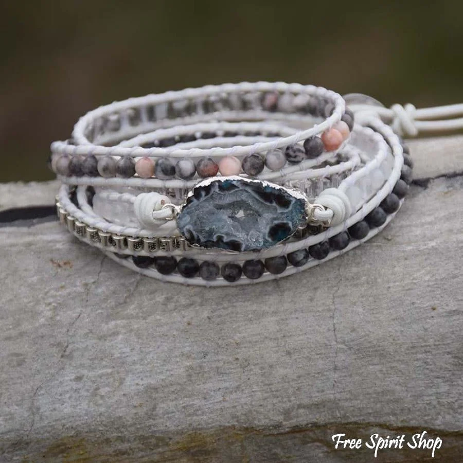 Natural Labradorite, White Jade & Druzy Wrap Bracelet - Image 3