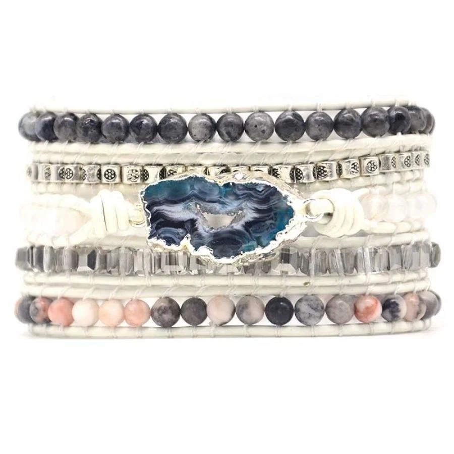 Natural Labradorite, White Jade & Druzy Wrap Bracelet - Image 4