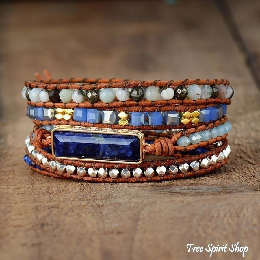 Natural Sodalite Amazonite & Pyrite Wrap Bracelet - Image 4