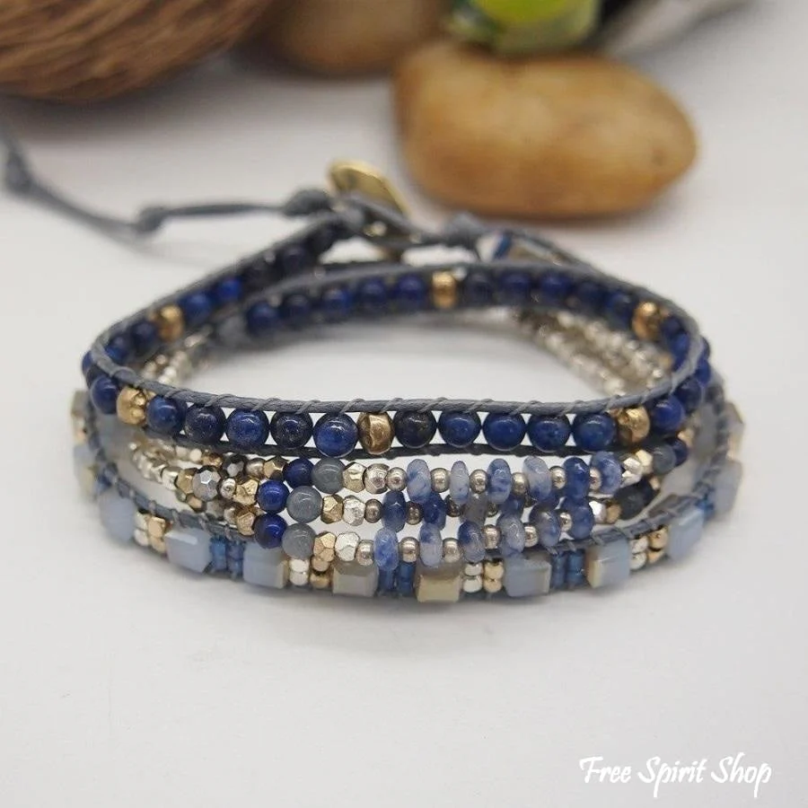 Natural Lapis Lazuli & Blue Aventurine Wrap Bracelet - Image 5