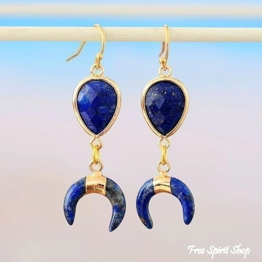 Natural Lapis Lazuli Crescent Horn Earrings - Image 2