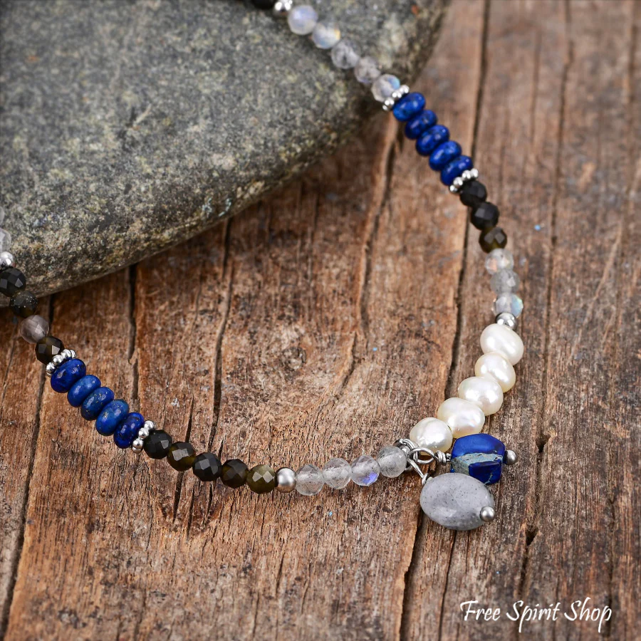 Natural Lapis Lazuli & Labradorite Beaded Anklet with Freshwater Pearls - Image 4