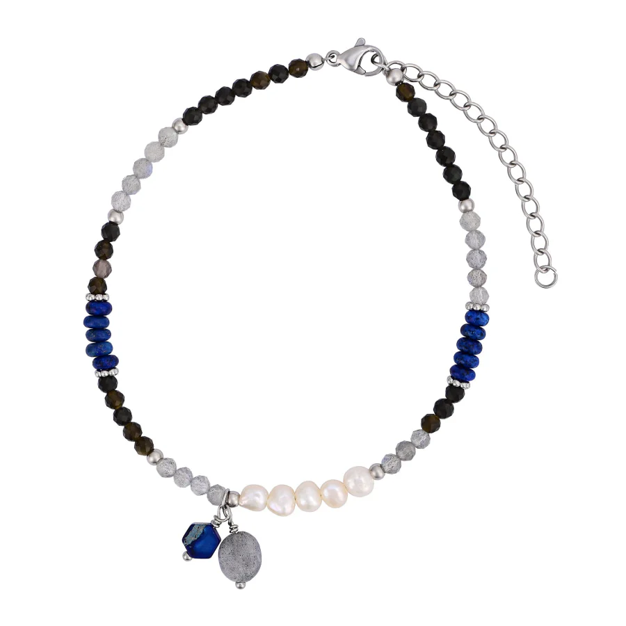 Natural Lapis Lazuli & Labradorite Beaded Anklet with Freshwater Pearls - Image 5