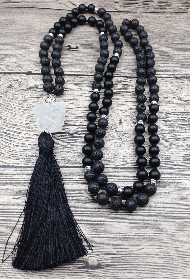 108 Natural Lava Stone Black Agate & Clear Quartz Mala Bead Necklace - Image 3