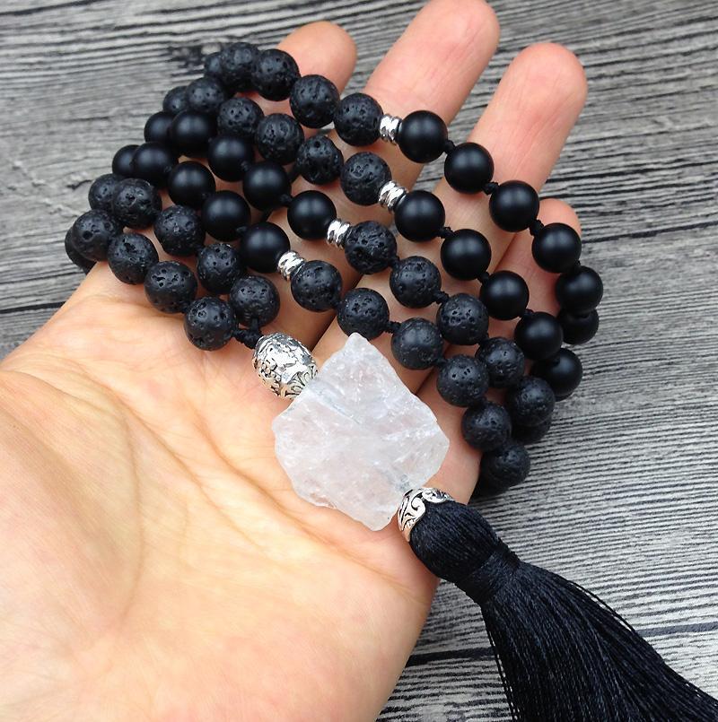 108 Natural Lava Stone Black Agate & Clear Quartz Mala Bead Necklace - Image 4