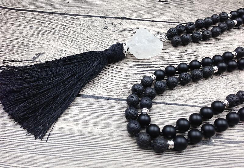 108 Natural Lava Stone Black Agate & Clear Quartz Mala Bead Necklace - Image 5