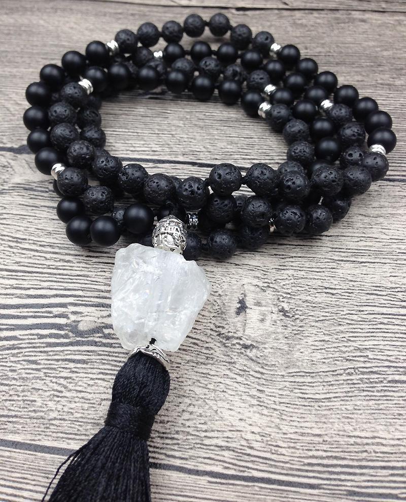 108 Natural Lava Stone Black Agate & Clear Quartz Mala Bead Necklace - Image 6