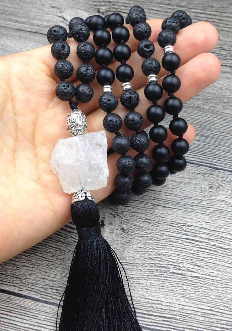 108 Natural Lava Stone Black Agate & Clear Quartz Mala Bead Necklace - Image 7