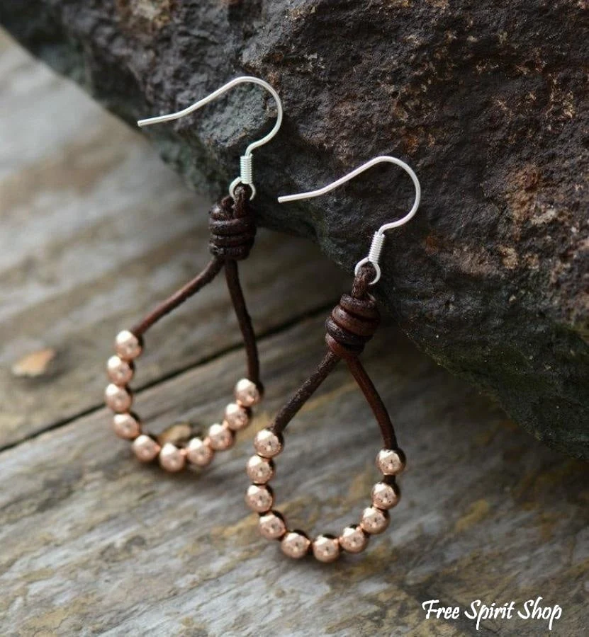 Natural Leather & Copper Bead Bohemian Earrings - Silver or Gold - Image 3