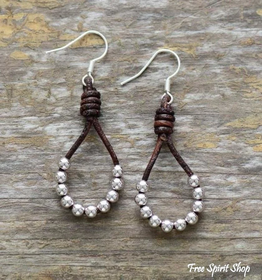 Natural Leather & Copper Bead Bohemian Earrings - Silver or Gold - Image 4