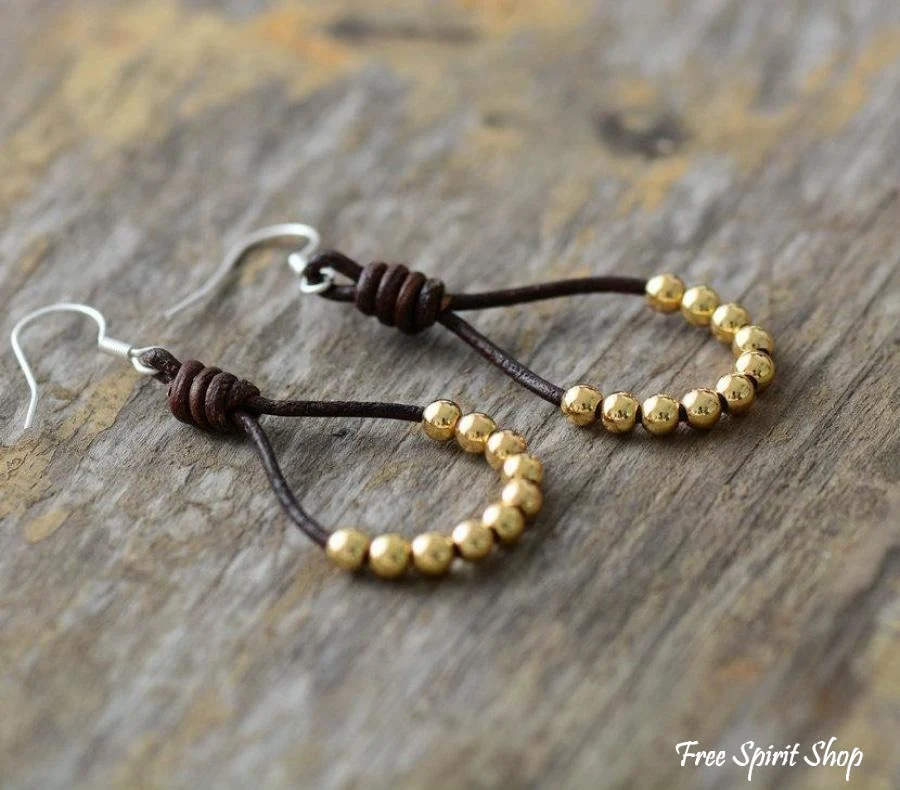 Natural Leather & Copper Bead Bohemian Earrings - Silver or Gold - Image 5