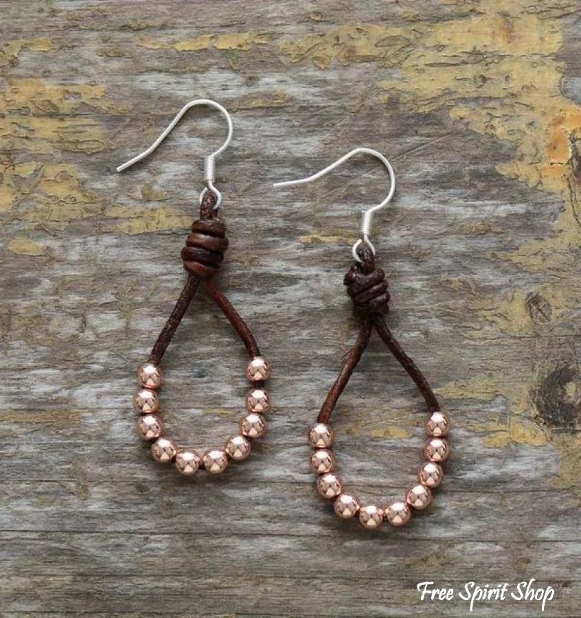 Natural Leather & Copper Bead Bohemian Earrings - Silver or Gold - Image 6