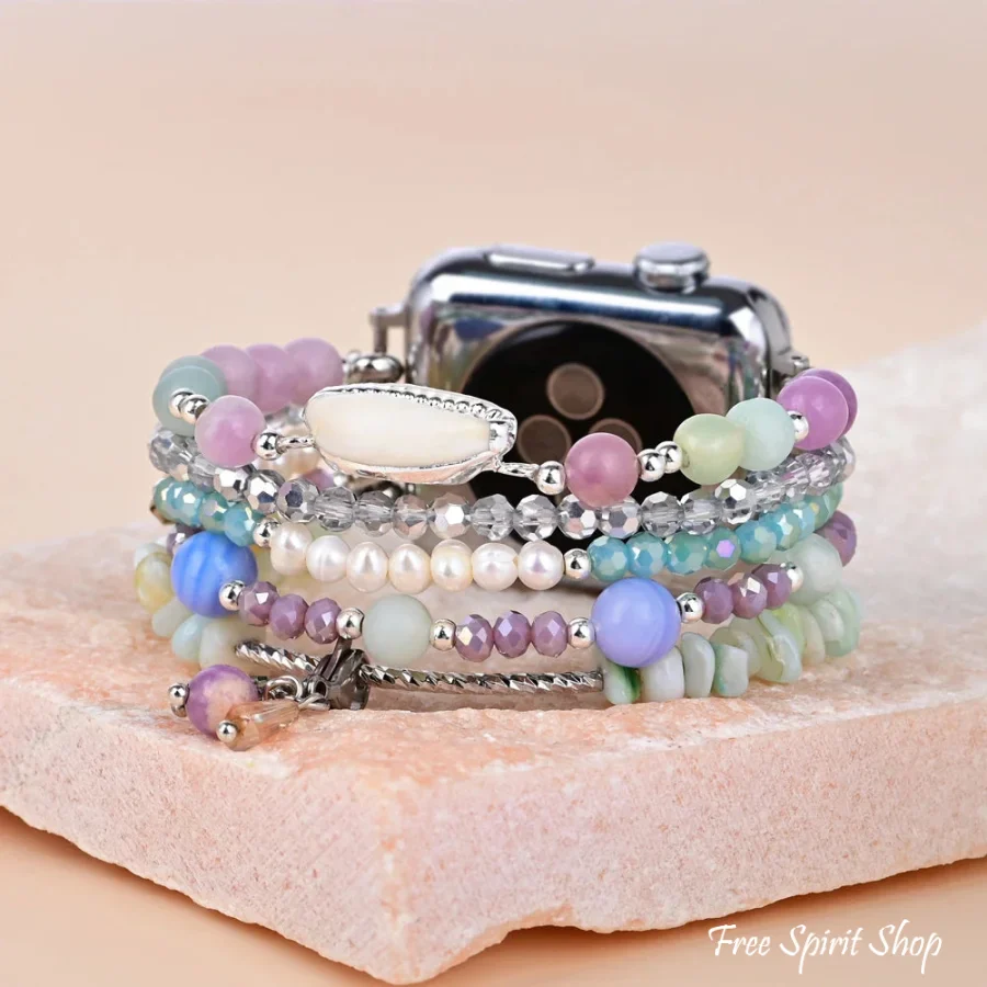 Natural Lepidolite Green Jade Amazonite & Shell Apple Watch Band - Image 3