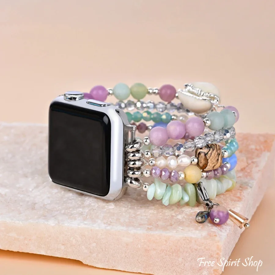 Natural Lepidolite Green Jade Amazonite & Shell Apple Watch Band - Image 4