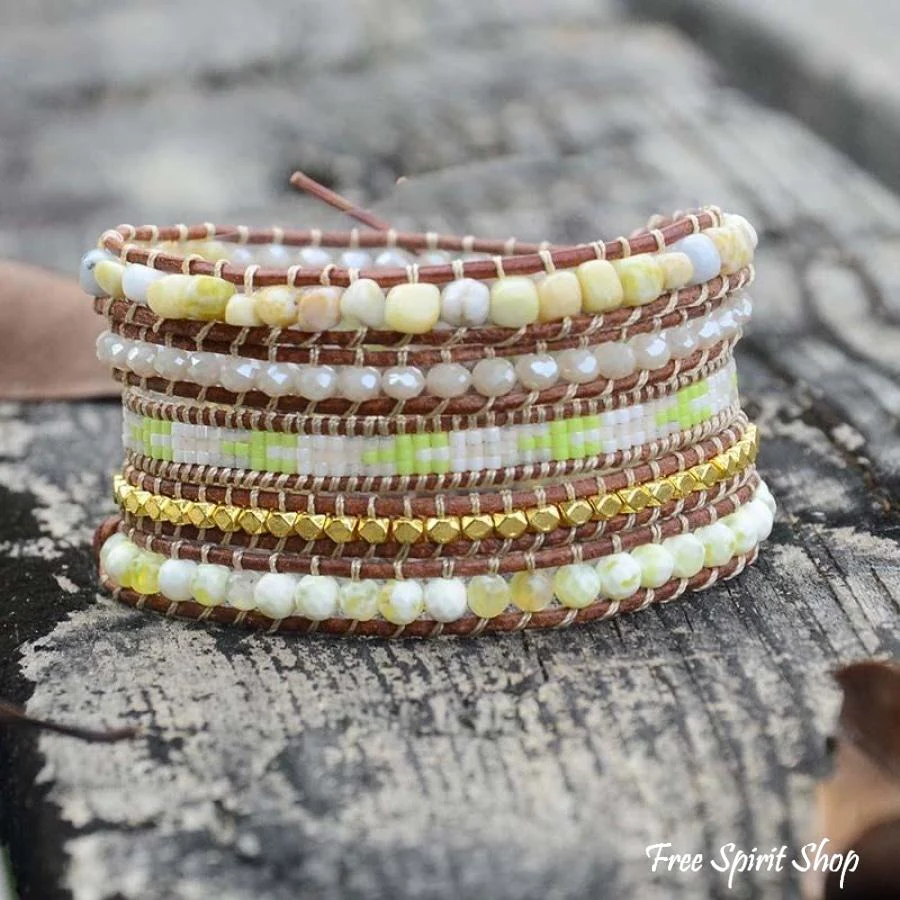 Natural Lime Miyuki Beads, Agate & Jasper Stone Leather Wrap Bracelet
