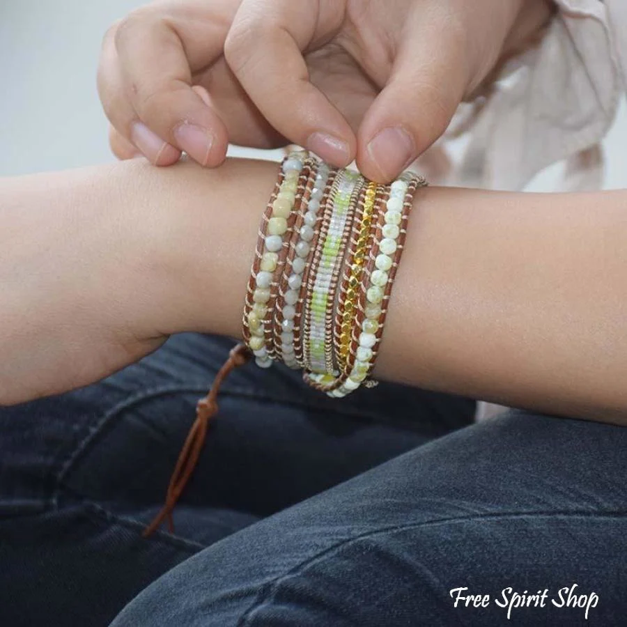 Natural Lime Miyuki Beads, Agate & Jasper Stone Leather Wrap Bracelet - Image 2