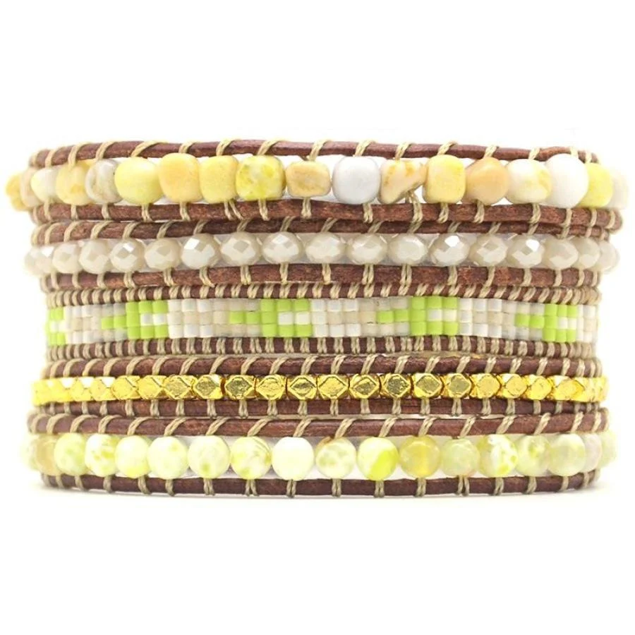 Natural Lime Miyuki Beads, Agate & Jasper Stone Leather Wrap Bracelet - Image 3