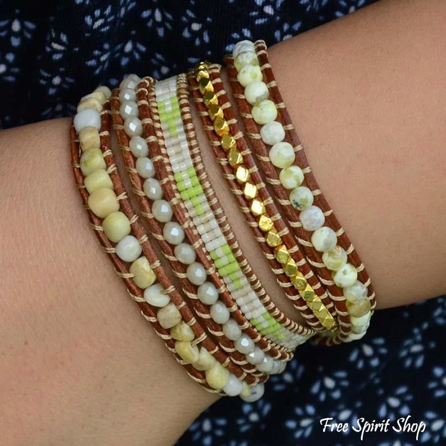Natural Lime Miyuki Beads, Agate & Jasper Stone Leather Wrap Bracelet - Image 4