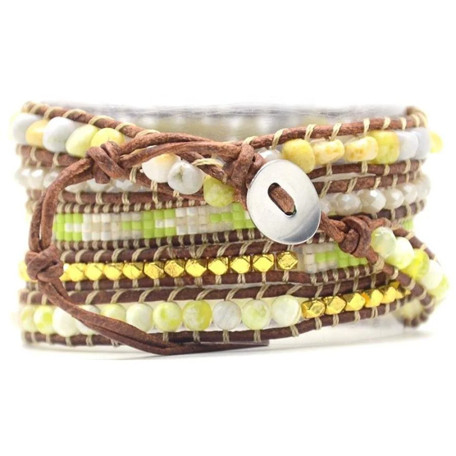 Natural Lime Miyuki Beads, Agate & Jasper Stone Leather Wrap Bracelet - Image 5