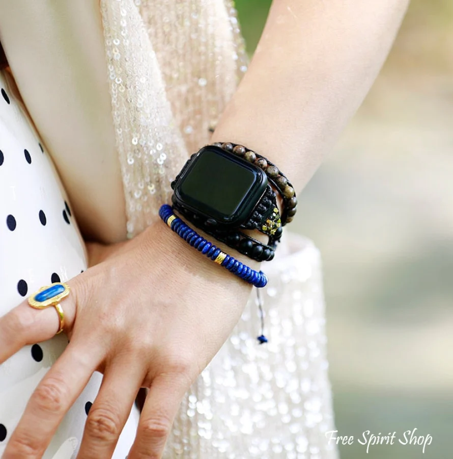 Natural Matte Black Onyx & Picture Jasper Apple Watch Band - Image 2