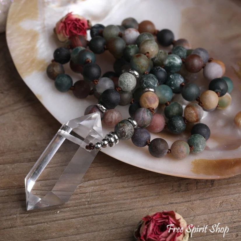 Natural Matte Indian Agate & Clear Quartz Crystal Beaded Necklace - Image 2