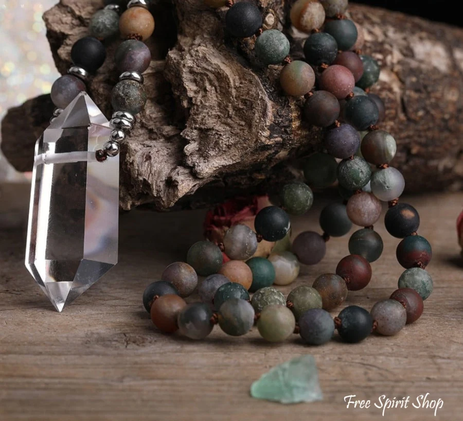 Natural Matte Indian Agate & Clear Quartz Crystal Beaded Necklace - Image 3