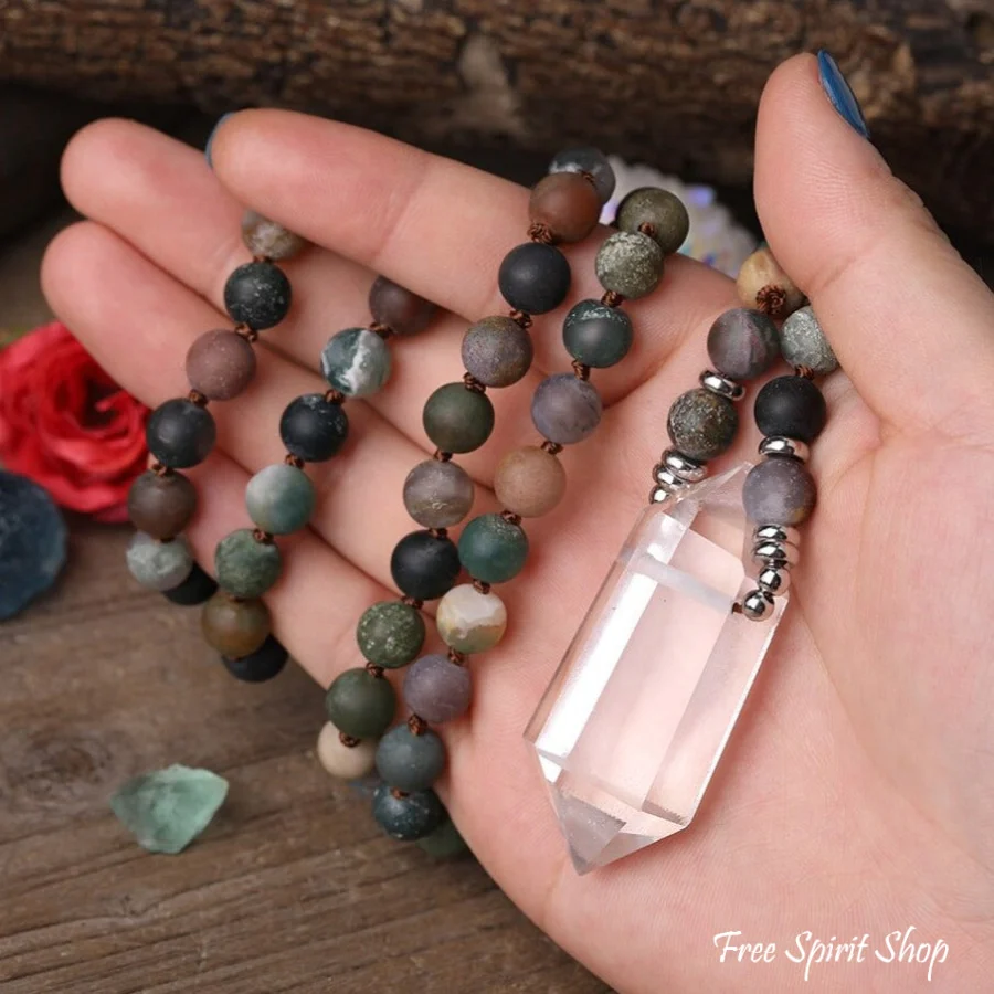 Natural Matte Indian Agate & Clear Quartz Crystal Beaded Necklace - Image 4