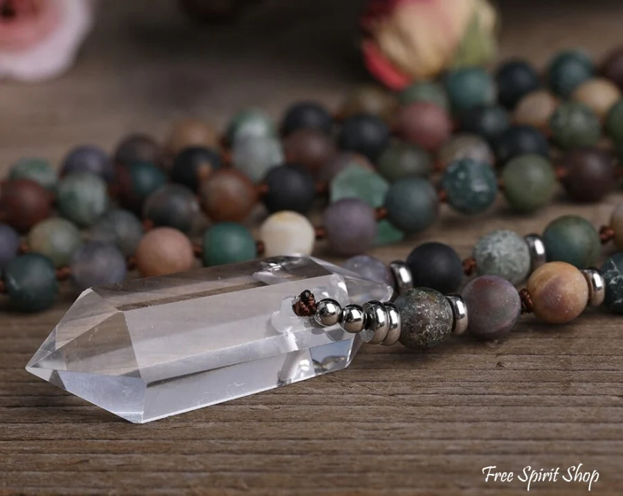 Natural Matte Indian Agate & Clear Quartz Crystal Beaded Necklace - Image 5