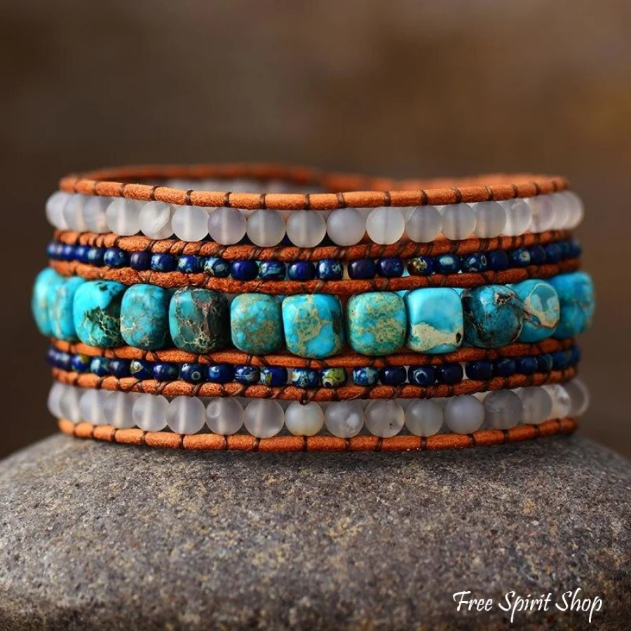 Natural Matte Quartz & Turquoise Wrap Bracelet - Image 2