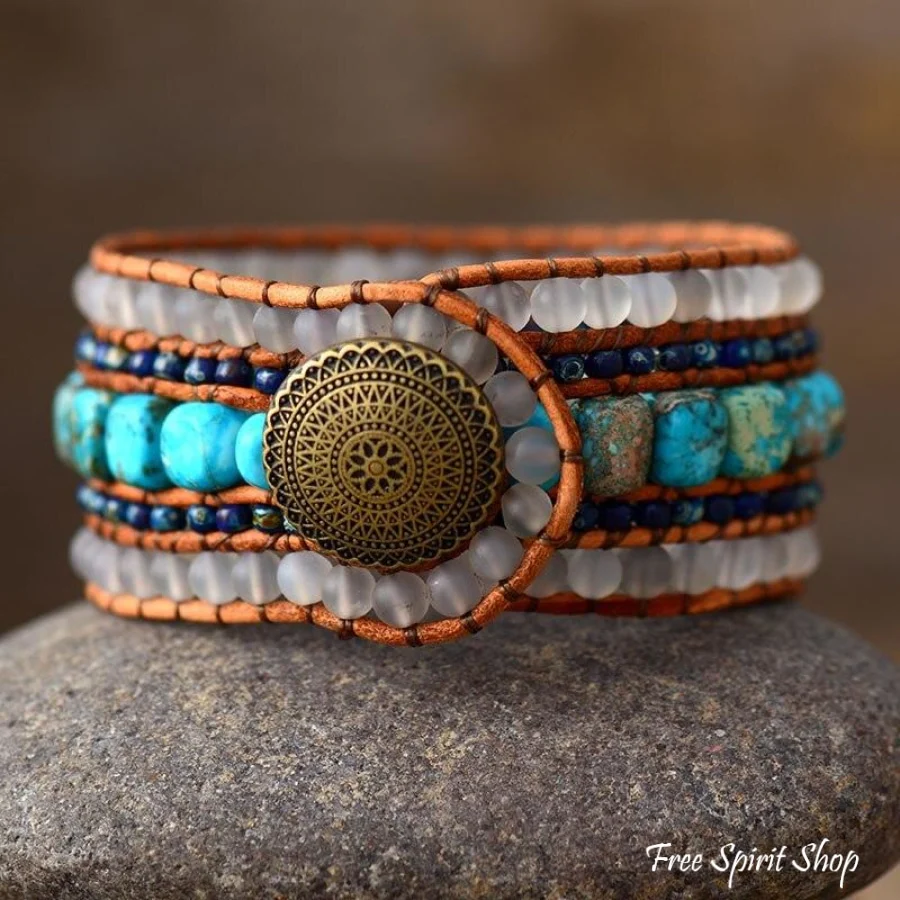 Natural Matte Quartz & Turquoise Wrap Bracelet - Image 3