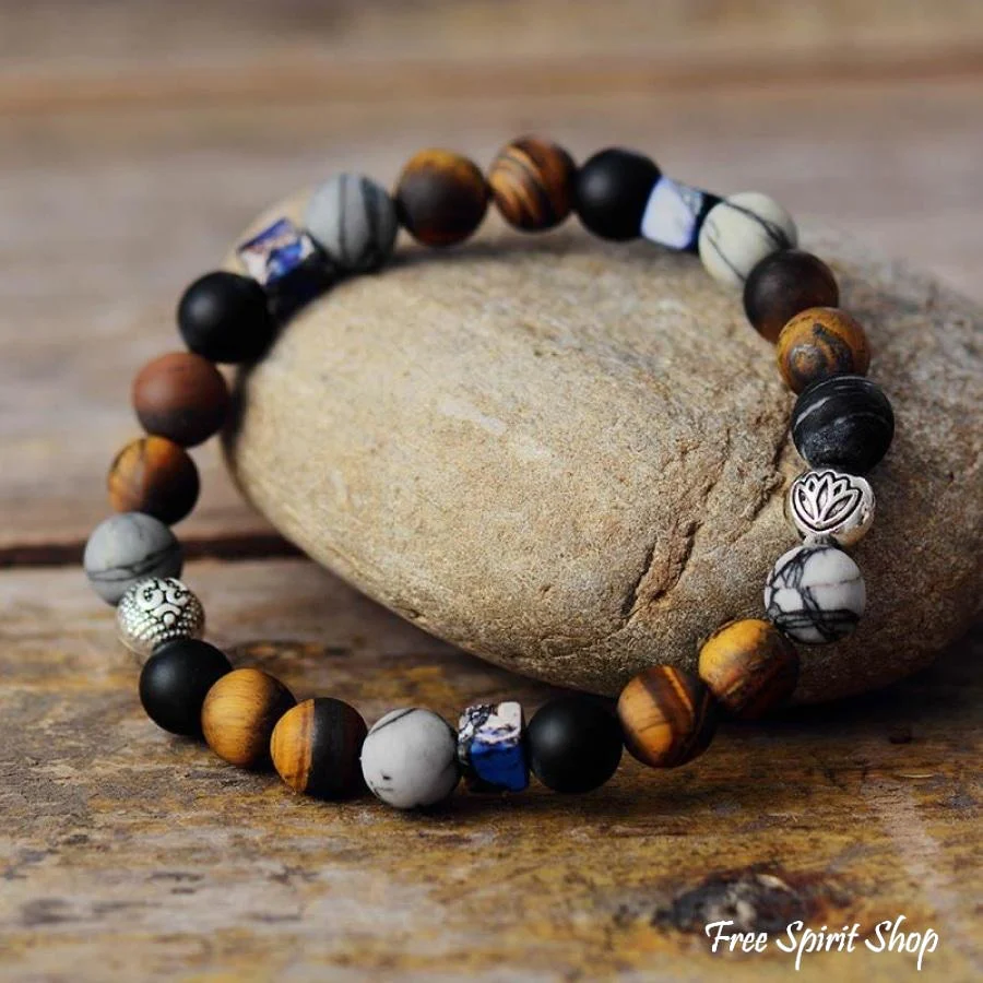 Natural Matte Tiger Eye Jasper & Onyx Bead Bracelet - Image 2