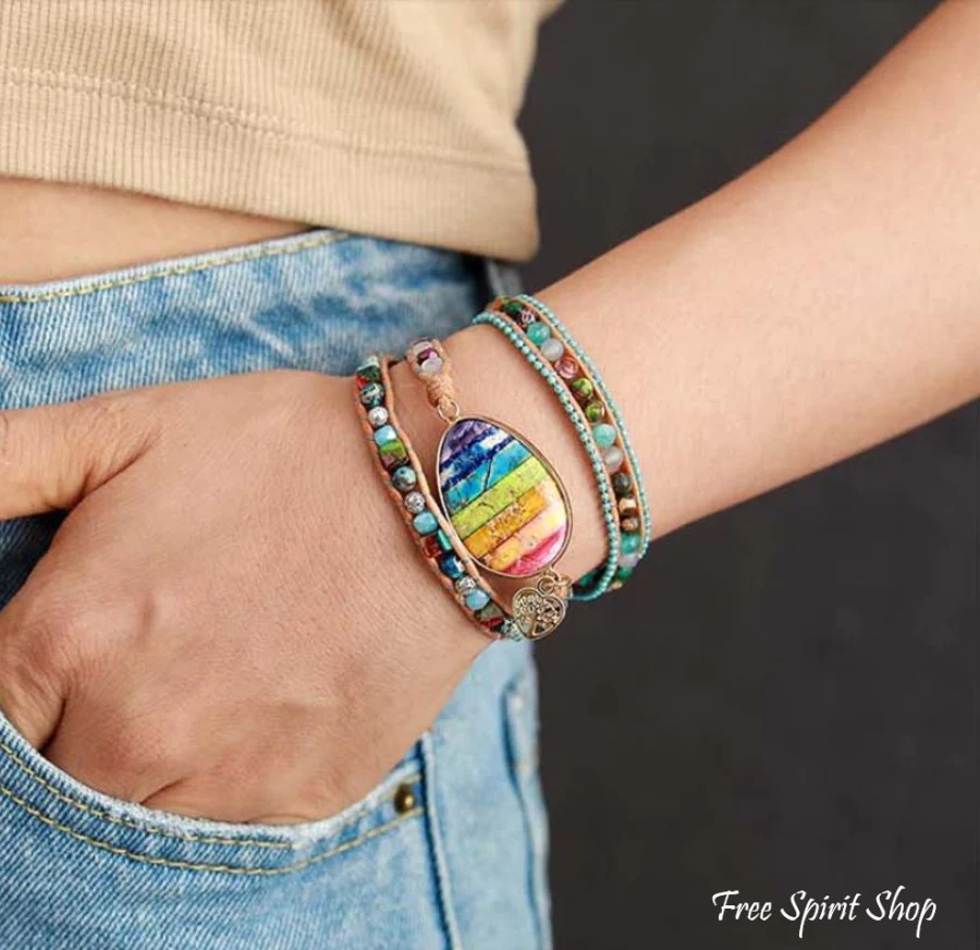 Natural Mix Gemstones & Rainbow Chakra Wrap Bracelet - Image 2