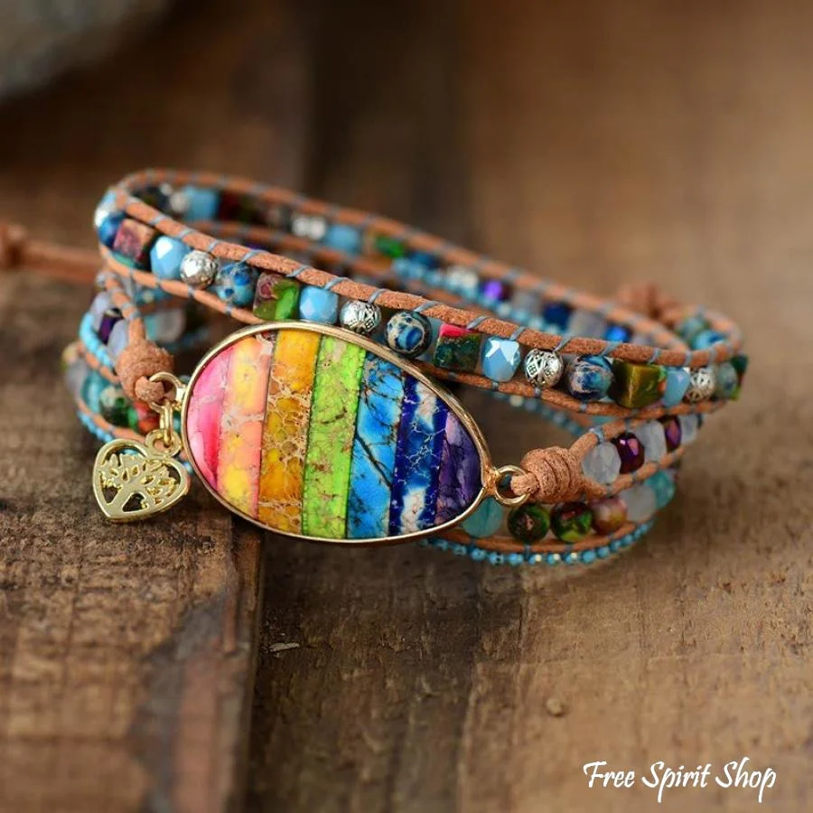 Natural Mix Gemstones & Rainbow Chakra Wrap Bracelet - Image 3