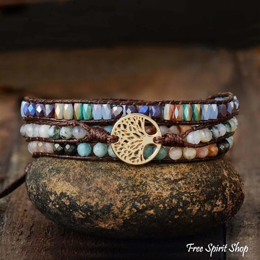 Natural Mixed Gemstones & Tree of Life Wrap Bracelet