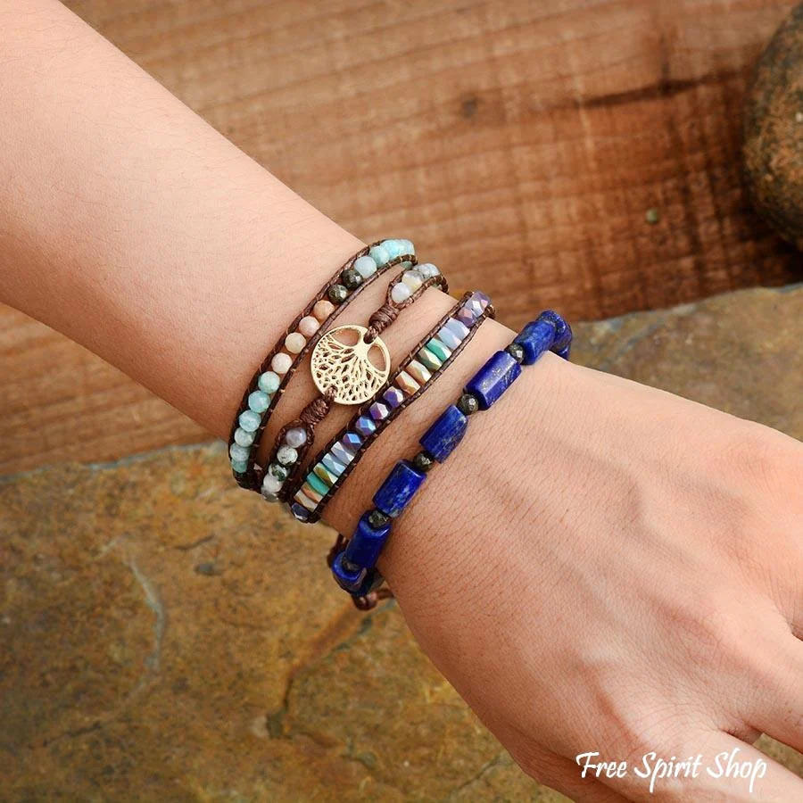 Natural Mixed Gemstones & Tree of Life Wrap Bracelet - Image 2