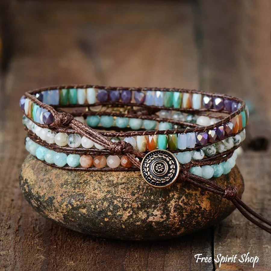 Natural Mixed Gemstones & Tree of Life Wrap Bracelet - Image 4