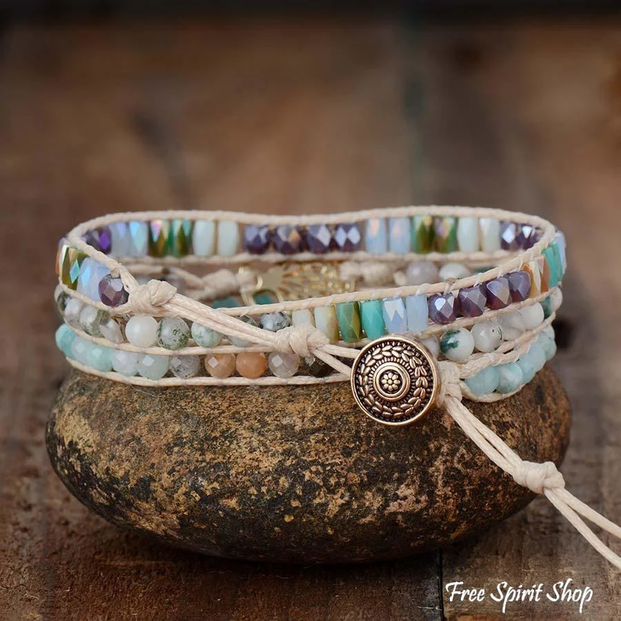 Natural Mixed Gemstones & Tree of Life Wrap Bracelet - Image 6