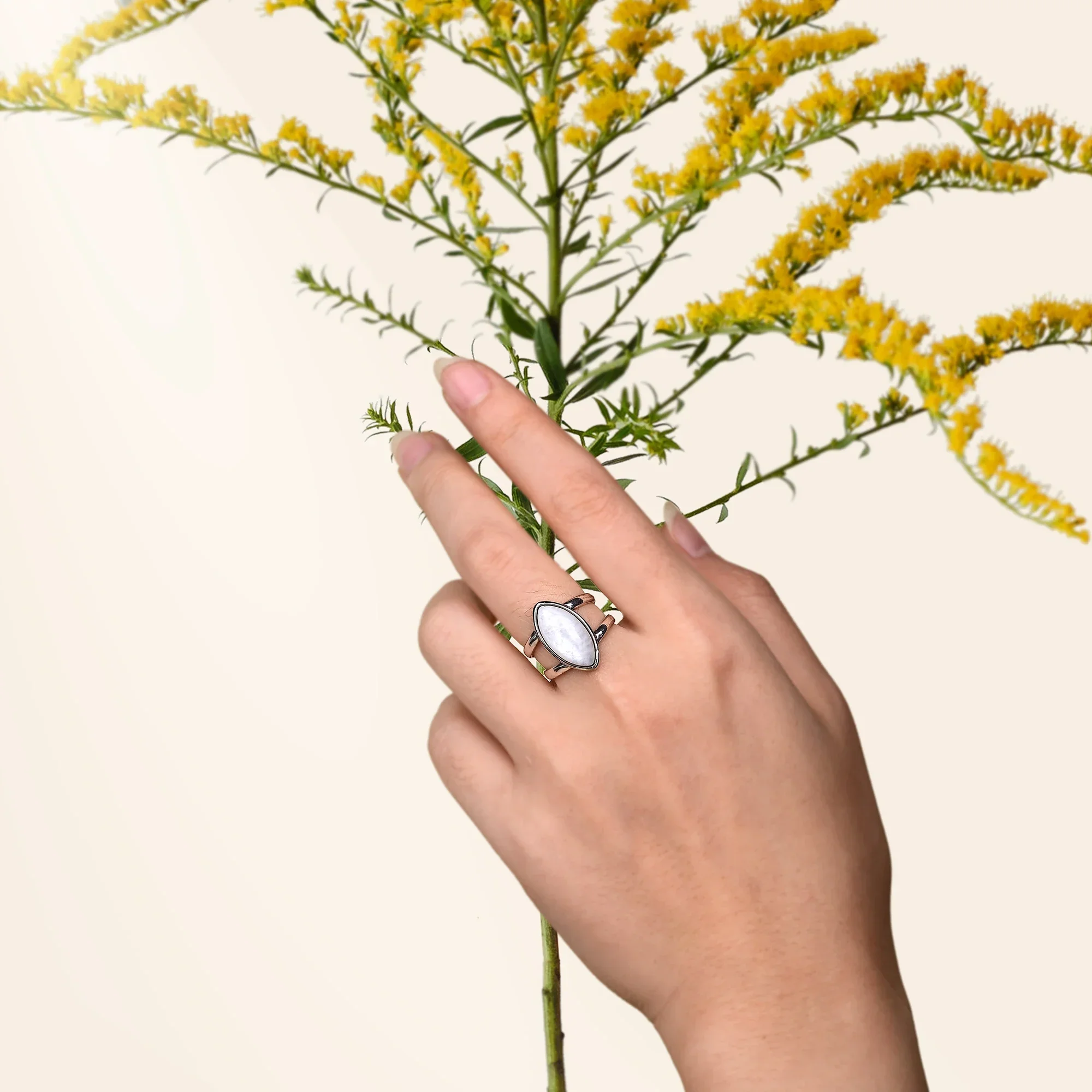 Natural Moonstone Almond Shape Silver Ring - Image 5