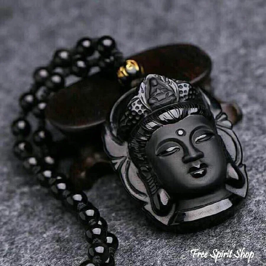 Natural Semi-Precious Obsidian Buddha Head Necklace - Image 3