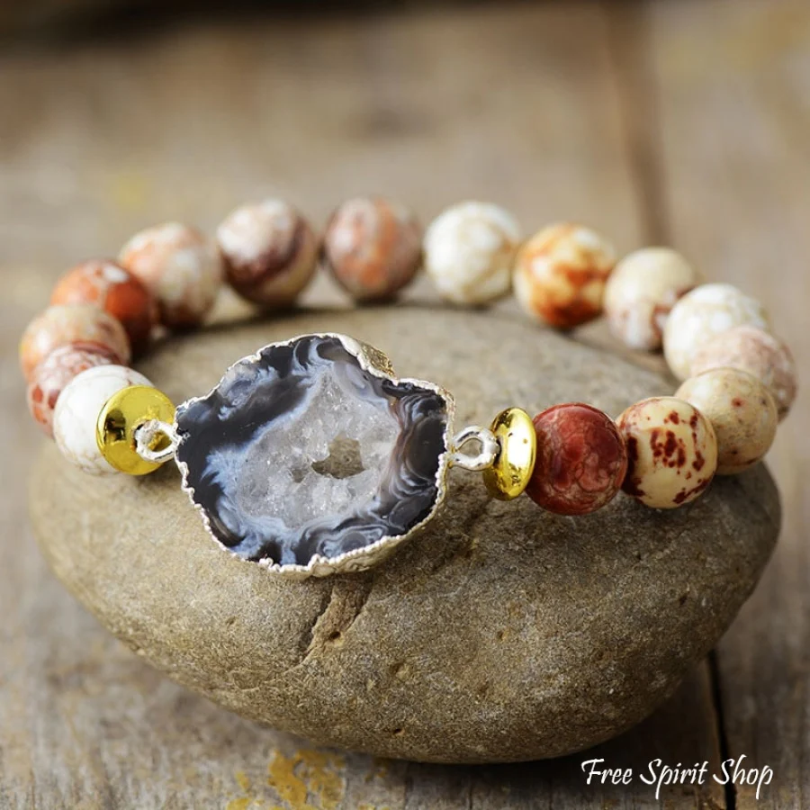 Natural Brown Onyx & Druzy Crystal Bead Bracelet