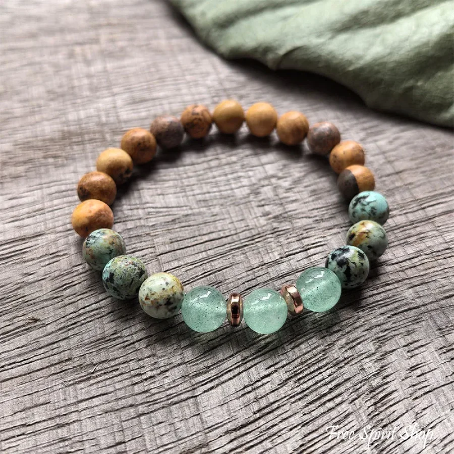 108 Natural Picture Jasper Green Quartz & African Turquoise Mala Bead Necklace - Image 7
